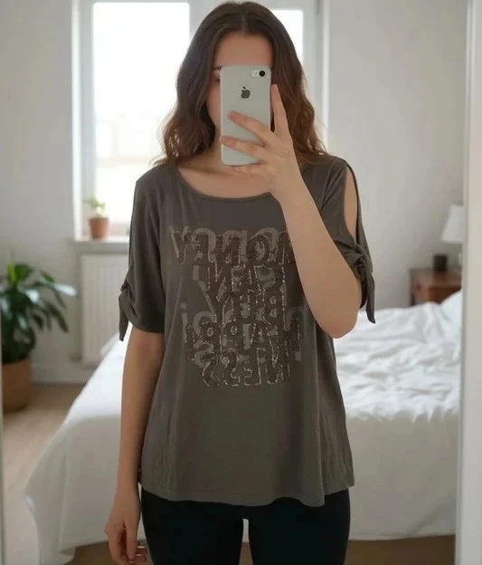 T-shirt kaki imprimé, avec paillettes, Taille M, Marque Zara Basic